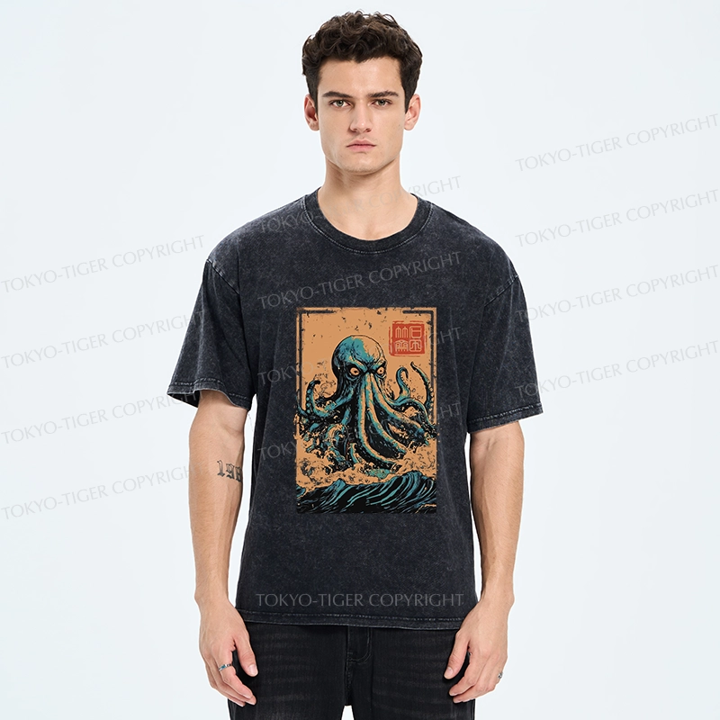 Tokyo-Tiger The Great Wave Off Octopus Washed T-Shirt