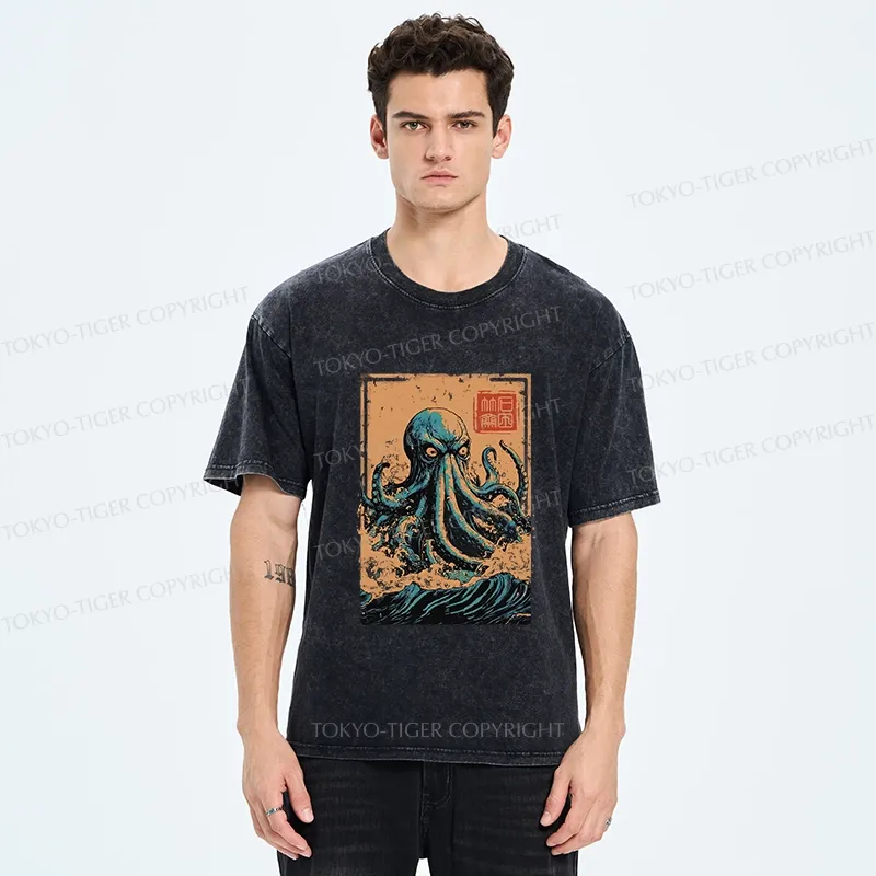 Tokyo-Tiger The Great Wave Off Octopus Washed T-Shirt