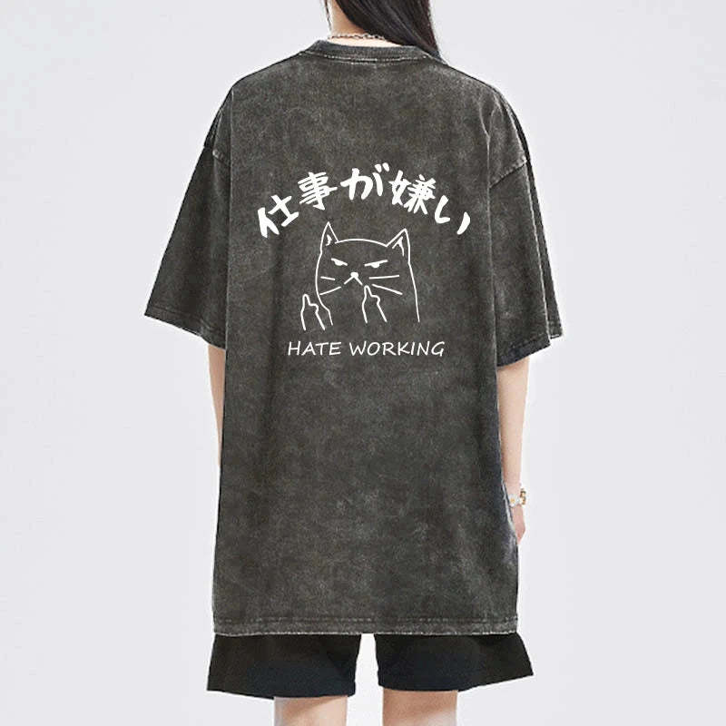 Tokyo-Tiger A Cat That Hates Work Front Back Washed T-Shirt-tokyo-tiger