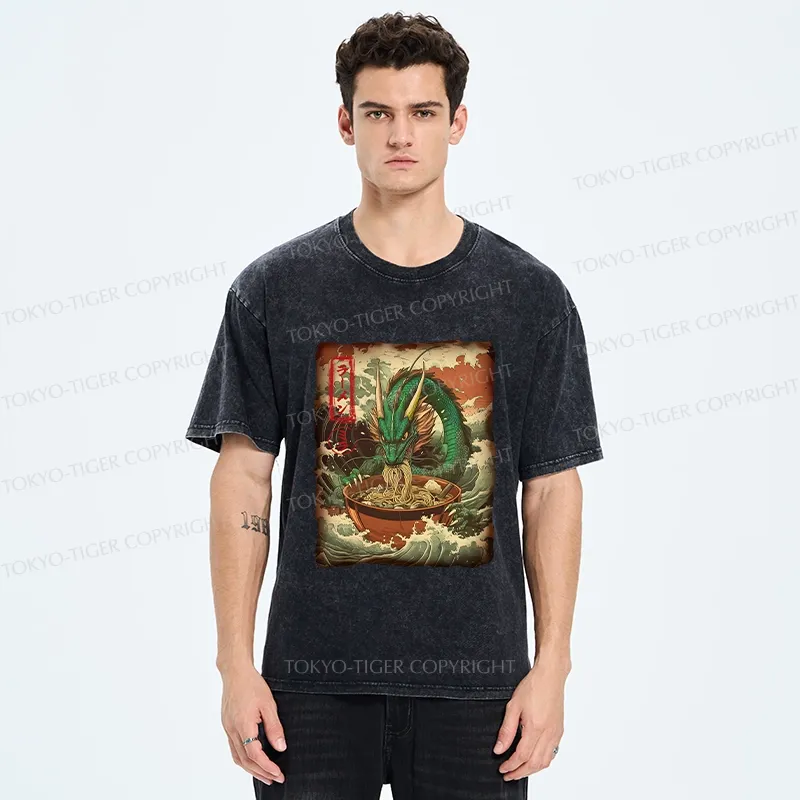 Tokyo-Tiger Ramen Lover Giant Dragon Washed T-Shirt