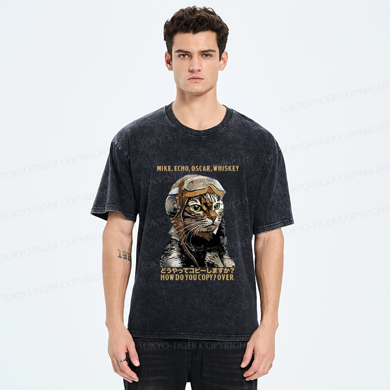 Tokyo-Tiger Funny MEOW Washed T-Shirt