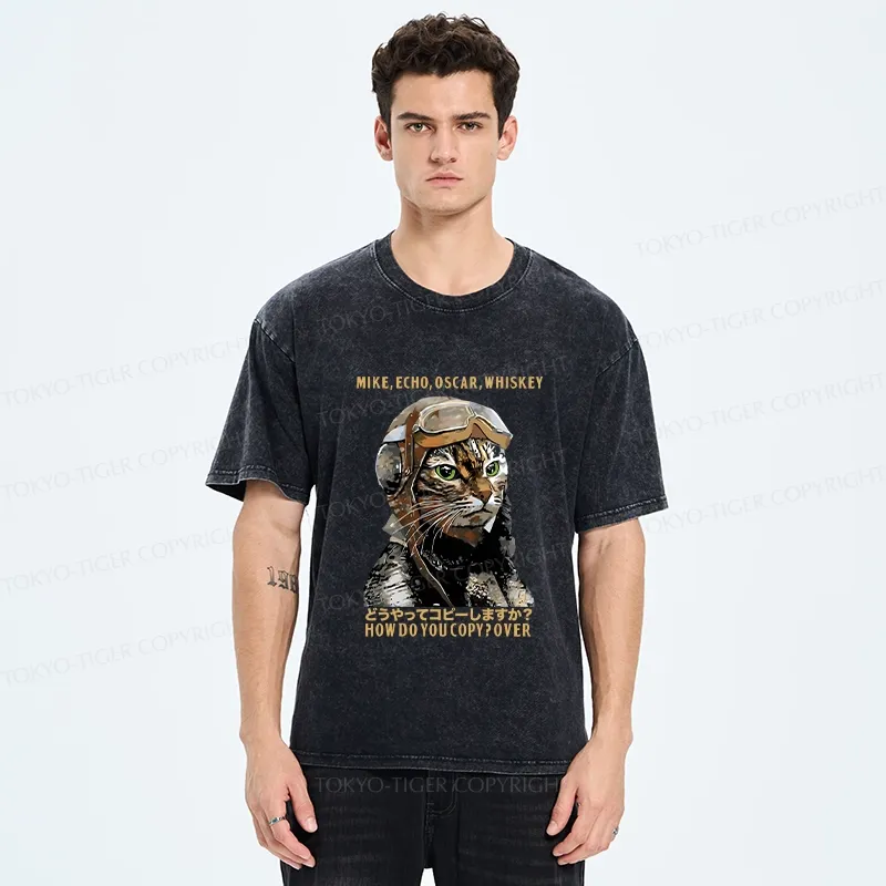 Tokyo-Tiger Funny MEOW Washed T-Shirt