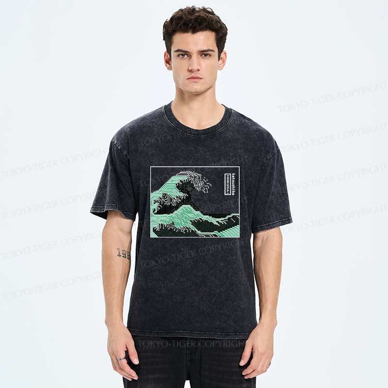 Tokyo-Tiger Wave Of Circuit Board Washed T-Shirt
