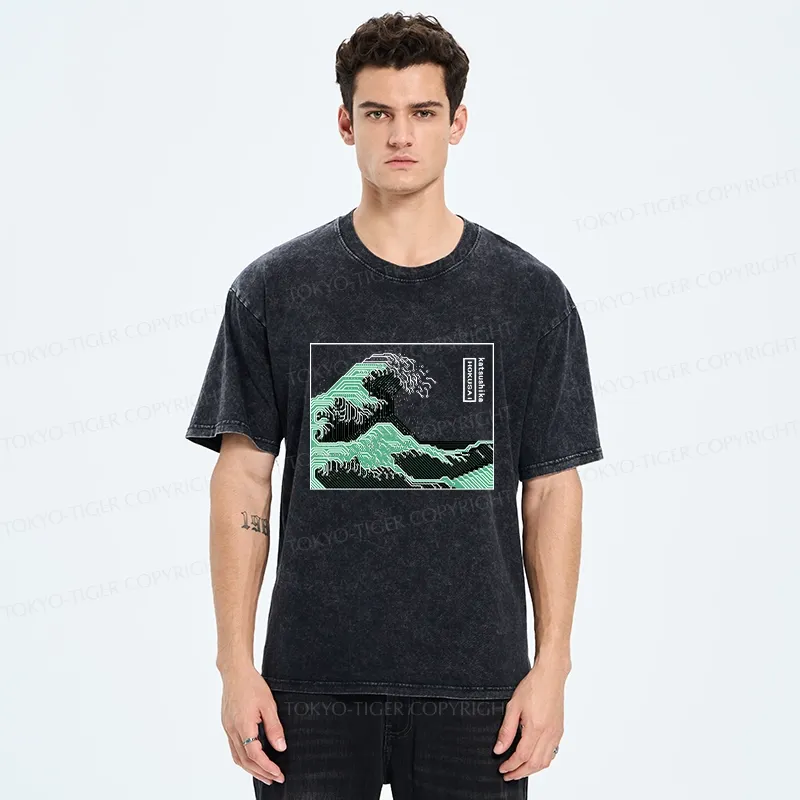 Tokyo-Tiger Wave Of Circuit Board Washed T-Shirt