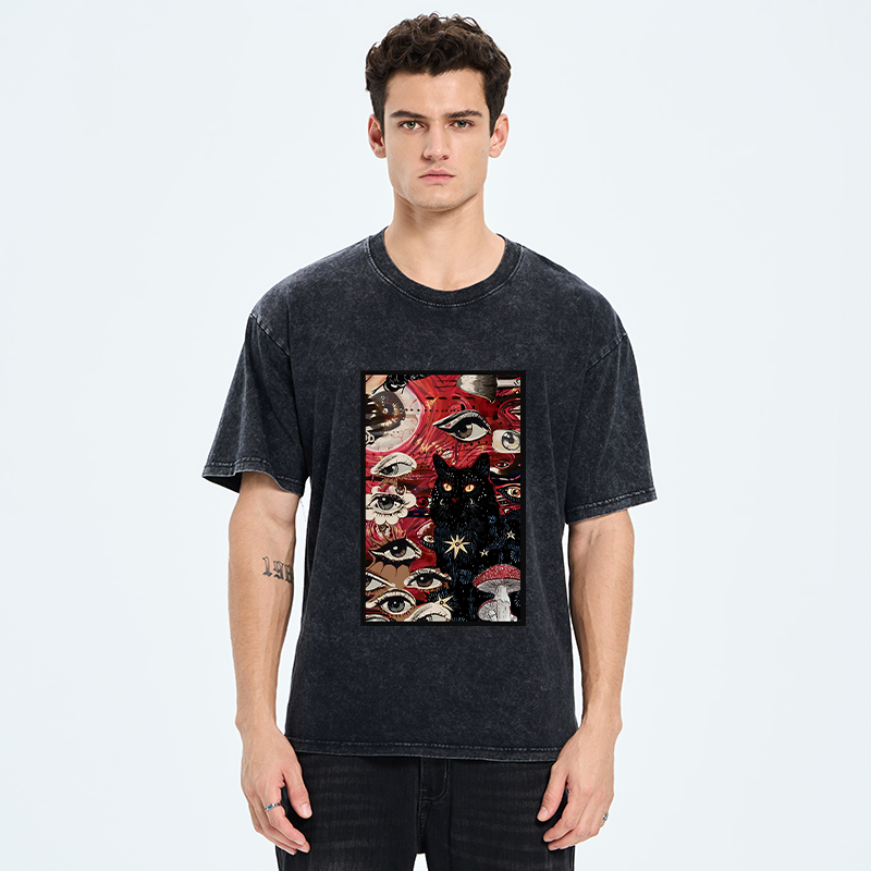 Tokyo-Tiger Psychedelic Black Cat Washed T-Shirt