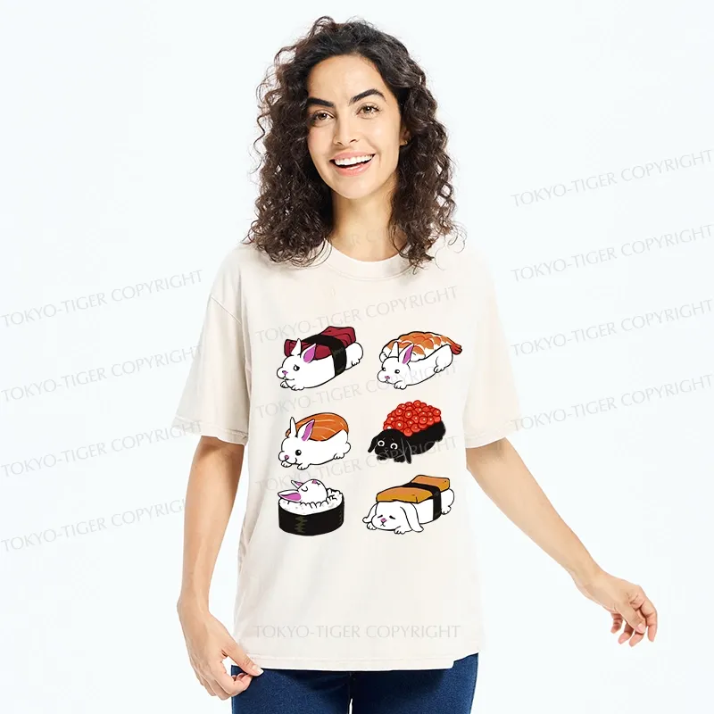 Tokyo-Tiger Cute Rabbit Sushi Washed T-Shirt