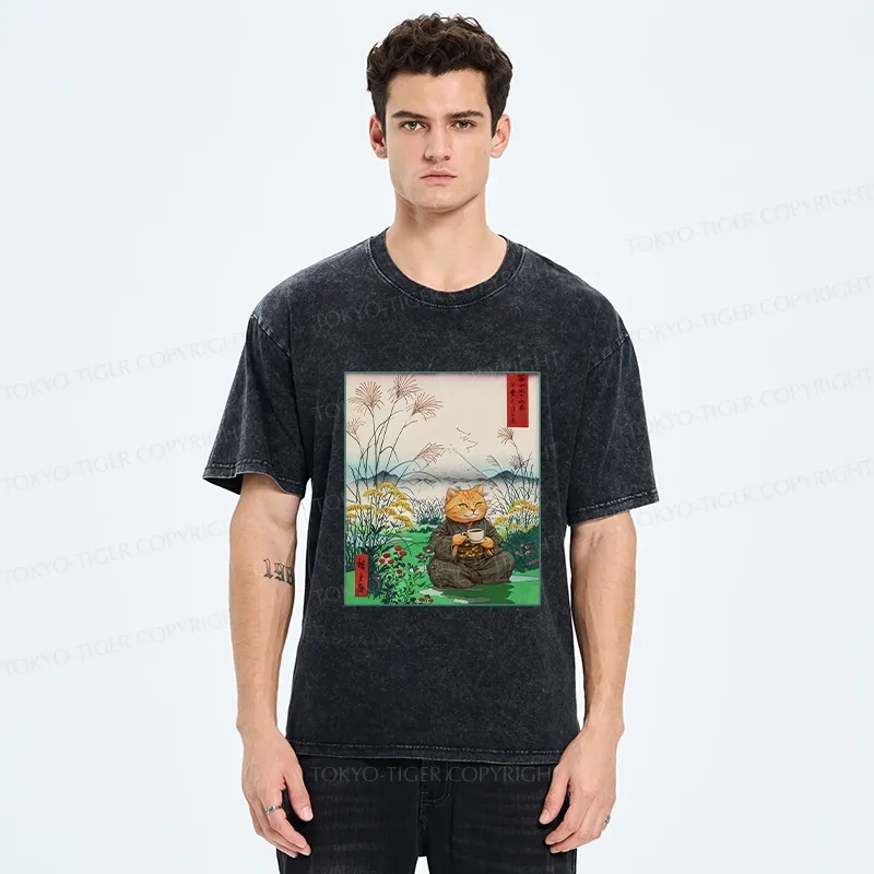 Tokyo-Tiger Cozy Cat Drinking Coffee Washed T-Shirt