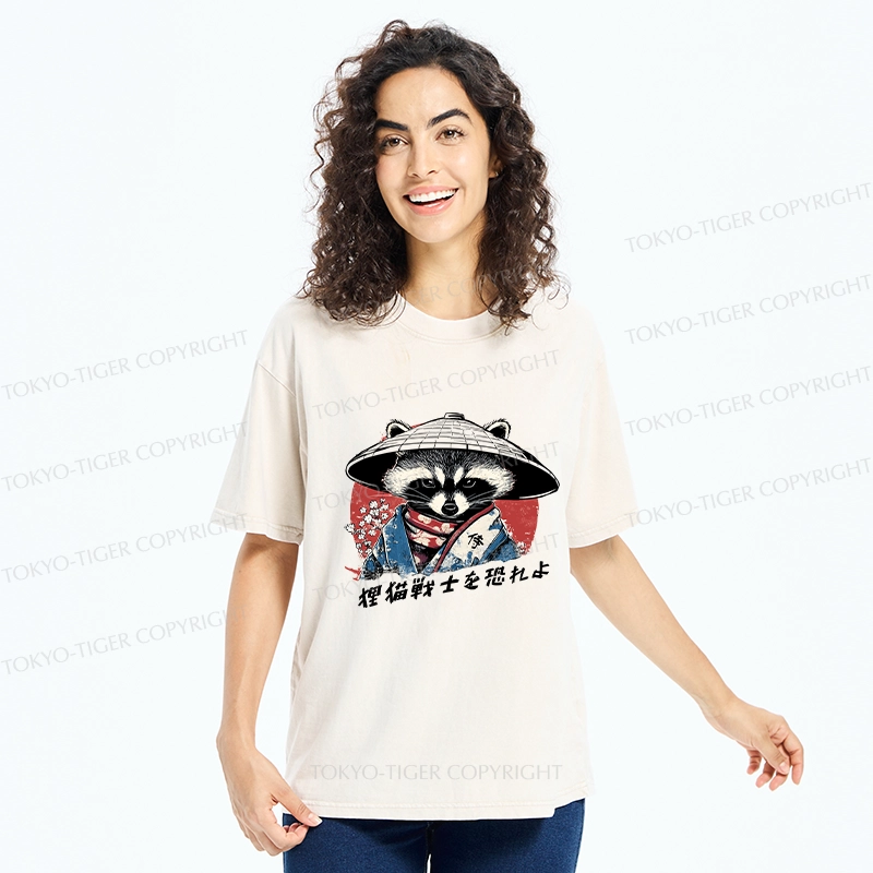 Tokyo-Tiger Japanese Raccoon Samurai Washed T-Shirt