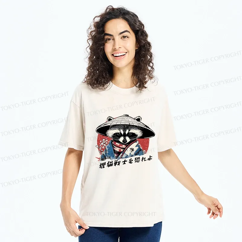 Tokyo-Tiger Japanese Raccoon Samurai Washed T-Shirt