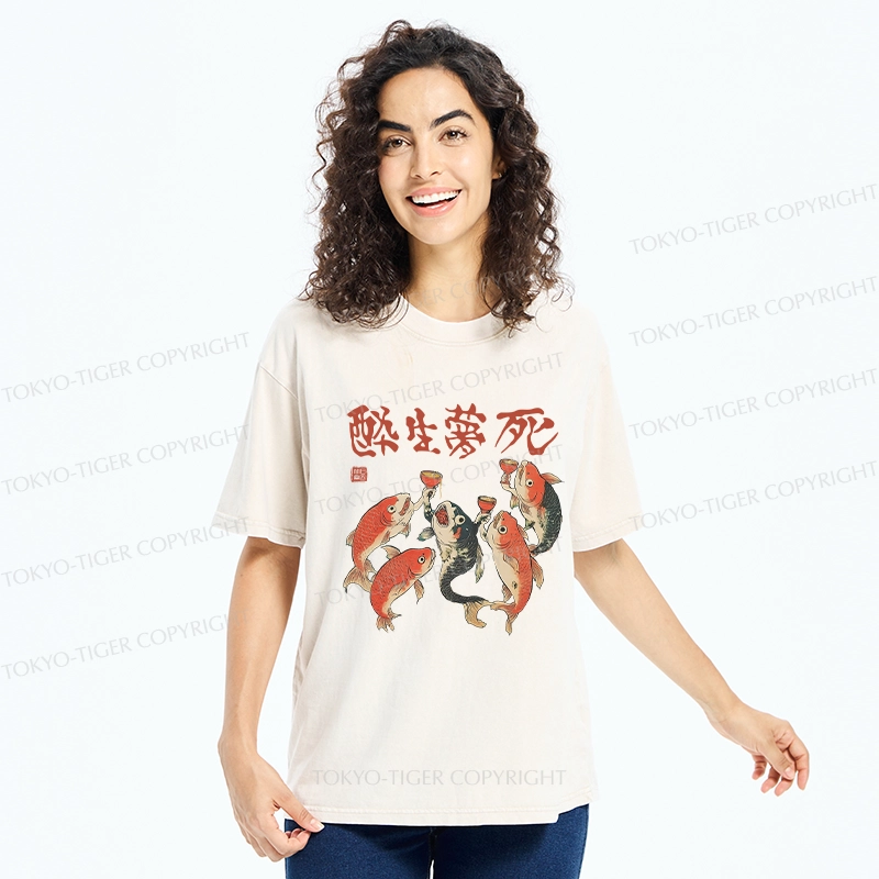 Tokyo-Tiger Funny Fish Drink Together Washed T-Shirt