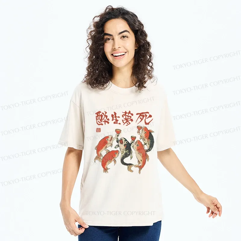 Tokyo-Tiger Funny Fish Drink Together Washed T-Shirt