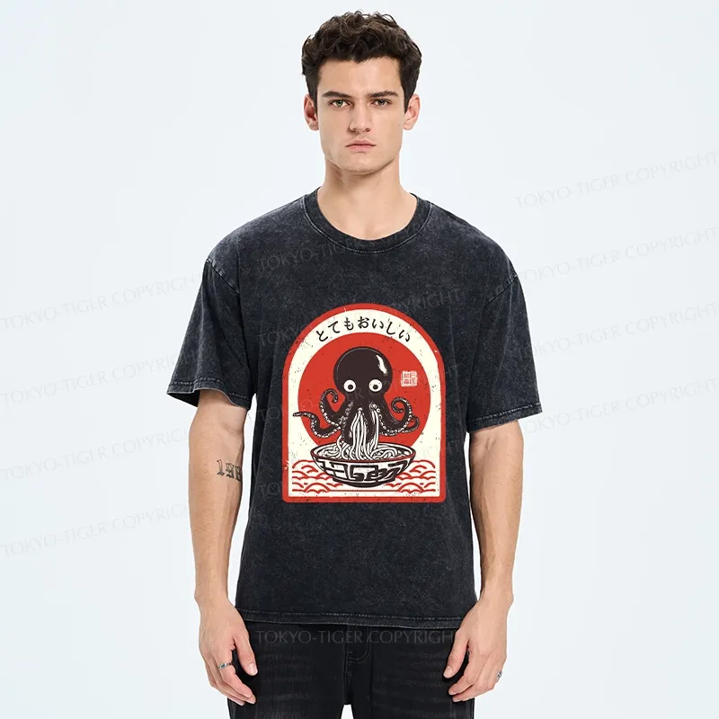 Tokyo-Tiger Ramen Lover Octopus Washed T-Shirt