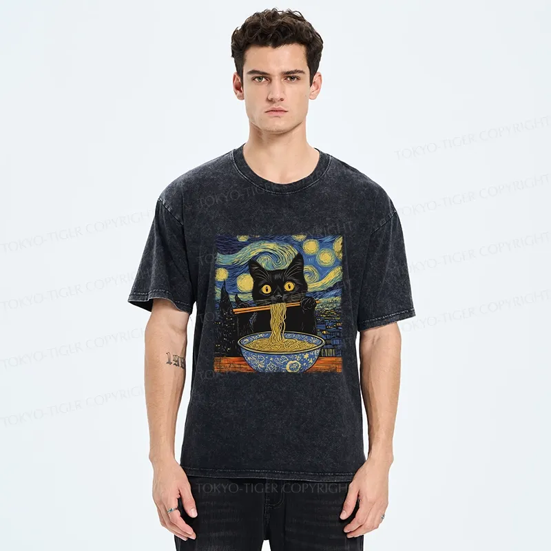 Tokyo-Tiger Cat Ramen Lover Washed T-Shirt