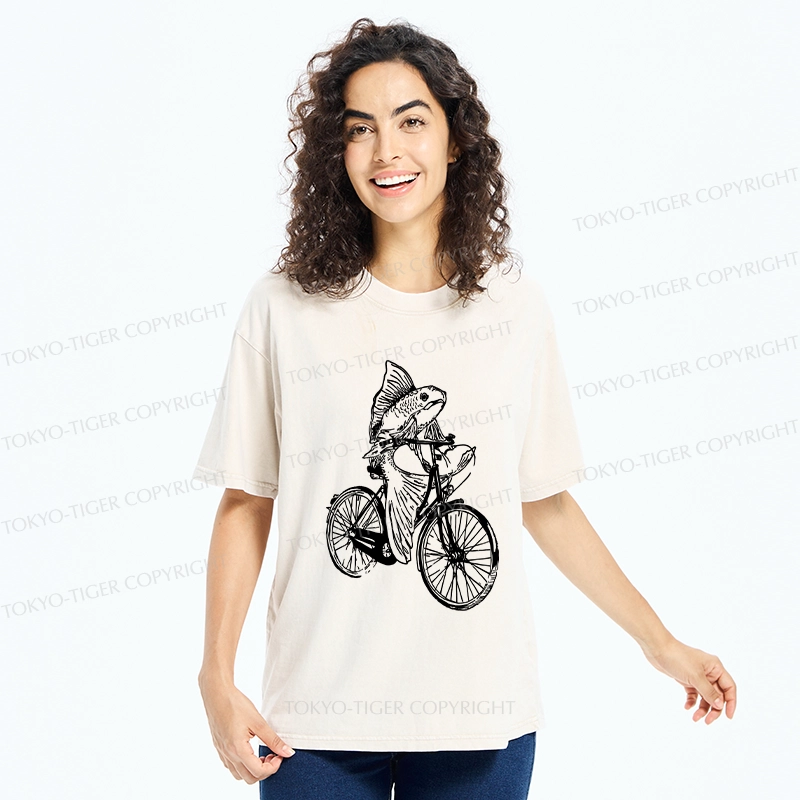 Tokyo-Tiger Funny Fish Riding A Bicycle Washed T-Shirt