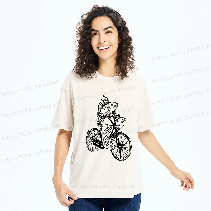 Tokyo-Tiger Funny Fish Riding A Bicycle Washed T-Shirt