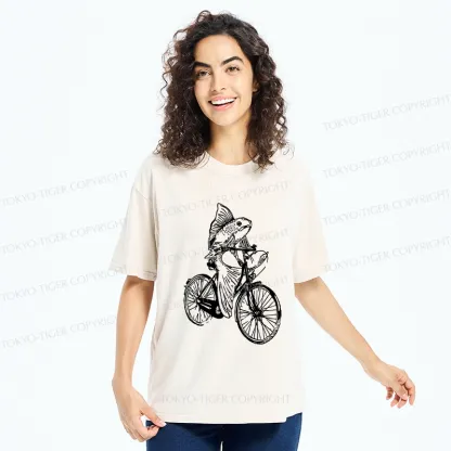 Tokyo-Tiger Funny Fish Riding A Bicycle Washed T-Shirt