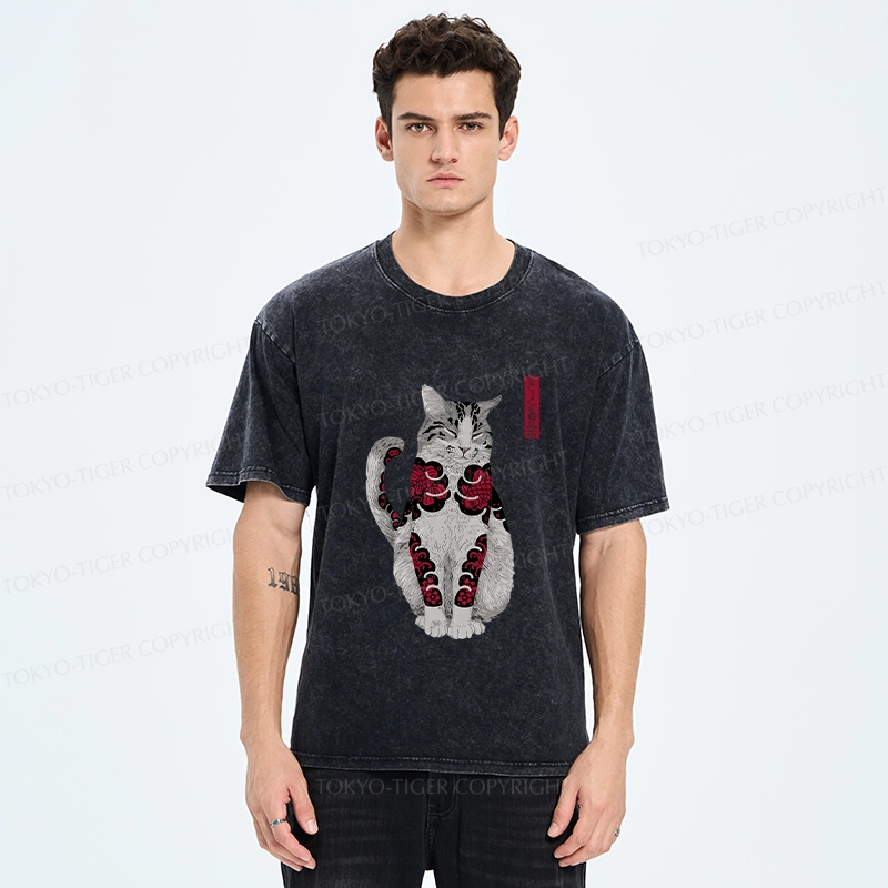 Tokyo-Tiger Tattooed Cat Washed T-Shirt