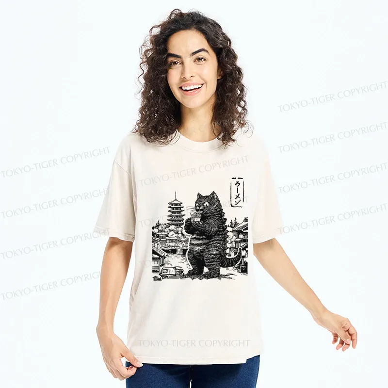 Tokyo-Tiger Ramen Lover Cat Monster Washed T-Shirt