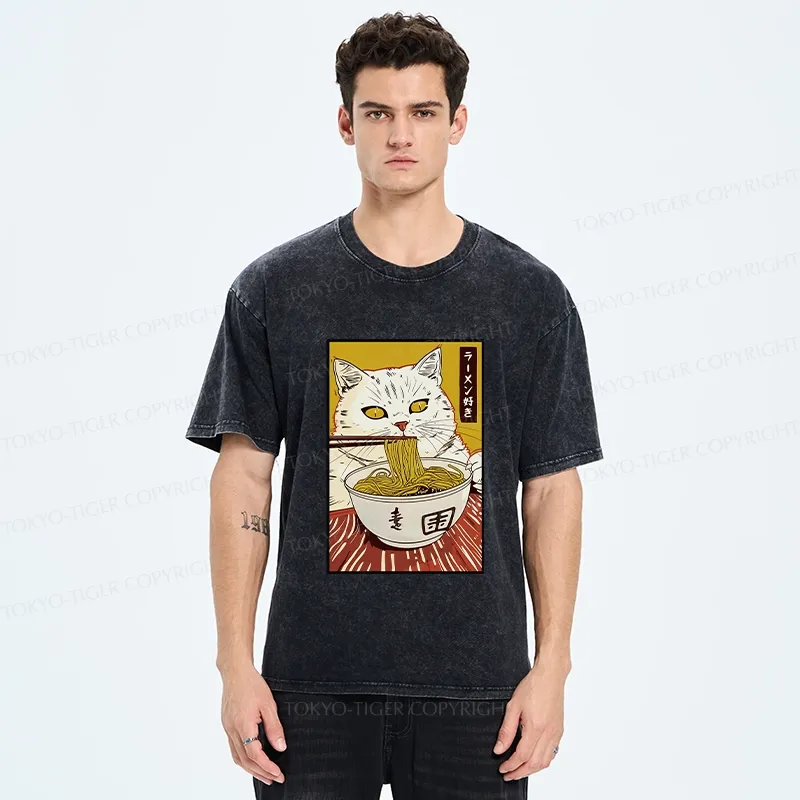 Tokyo-Tiger Cute Cat Ramen Lover Washed T-Shirt