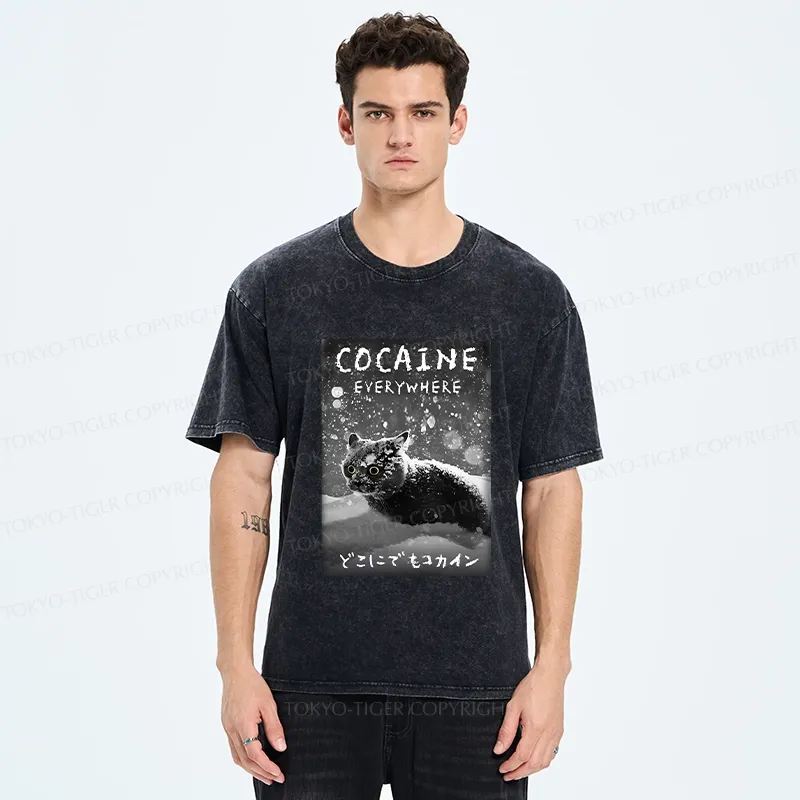 Tokyo-Tiger Funny Coaine Everywhere Washed T-Shirt