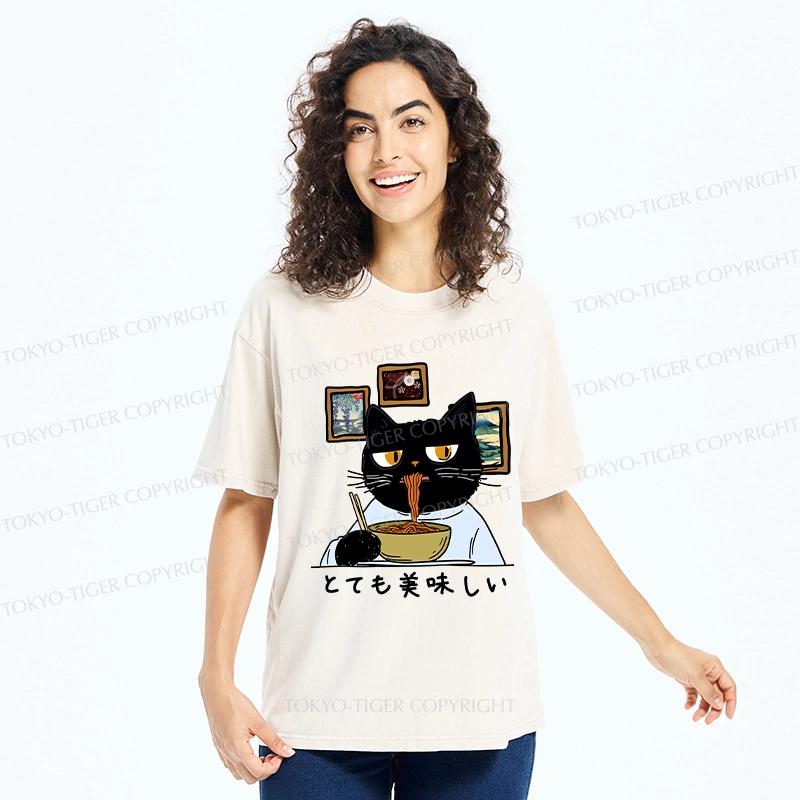 Tokyo-Tiger Cat Eating Delicious Ramen Washed T-Shirt