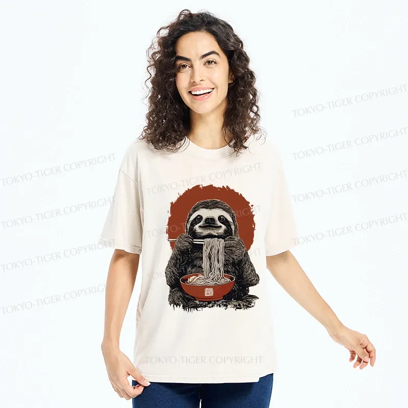 Tokyo-Tiger Ramen Lover Sloth Washed T-Shirt