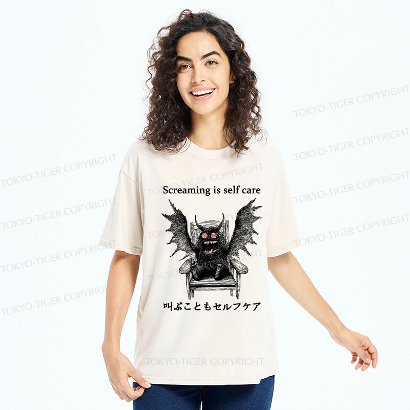 Tokyo-Tiger Screaming Is Self Care Washed T-Shirt