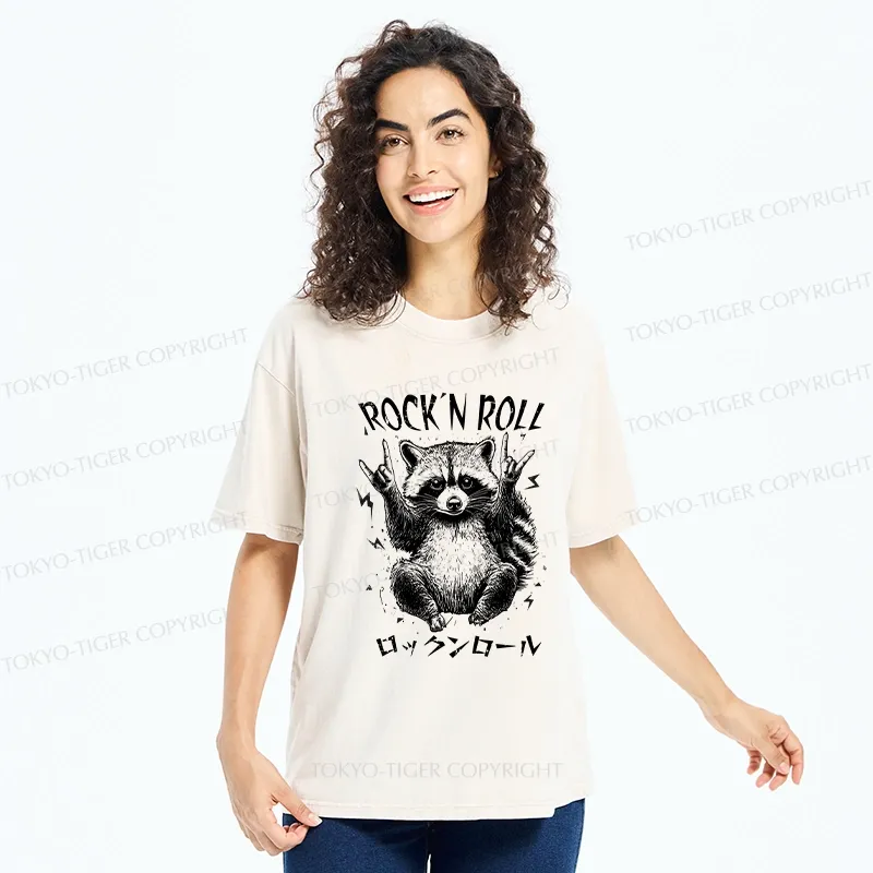 Tokyo-Tiger Funny Raccoon Rock And Roll Washed T-Shirt