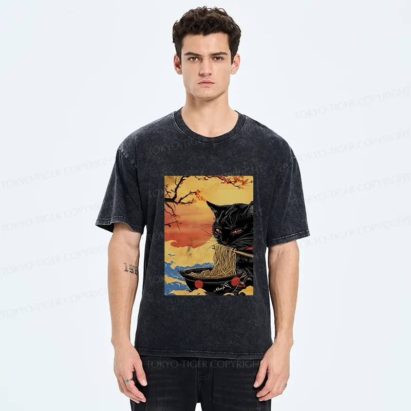 Tokyo-Tiger Cat Eating Ramen In The Sunset Washed T-Shirt