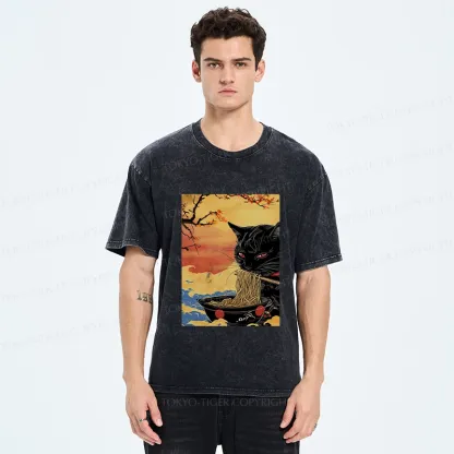 Tokyo-Tiger Cat Eating Ramen In The Sunset Washed T-Shirt
