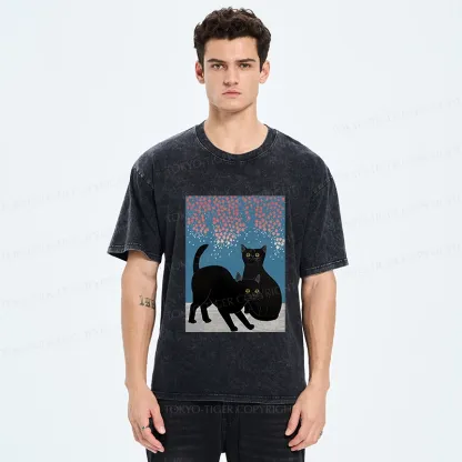 Tokyo-Tiger Black Cat Under The Sakura Washed T-Shirt