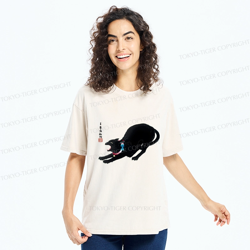 Tokyo-Tiger Cat Stretching Washed T-Shirt