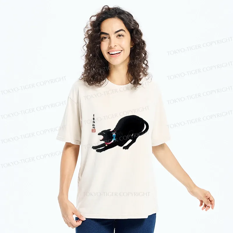 Tokyo-Tiger Cat Stretching Washed T-Shirt