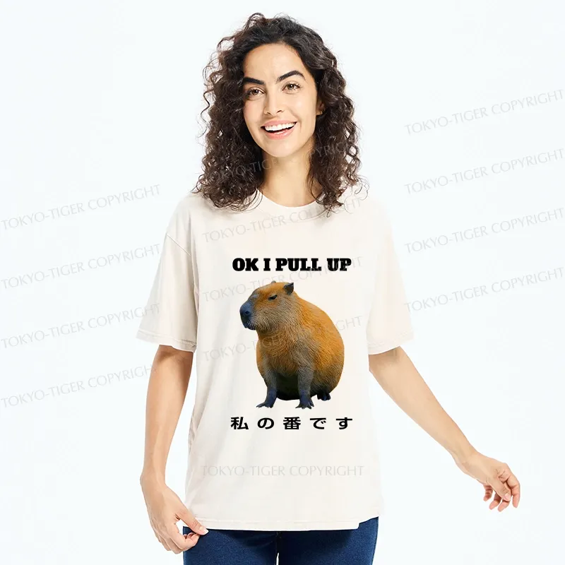 Tokyo-Tiger Ok I Pull Up Funny Capybara Washed T-Shirt