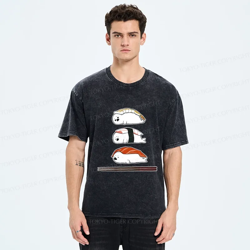 Tokyo-Tiger Cute Seal Sushi Washed T-Shirt