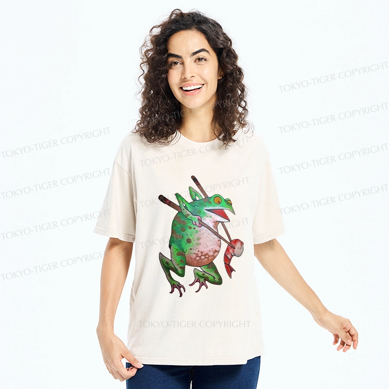 Tokyo-Tiger Funny Frog Picking Up Shrimp Washed T-Shirt