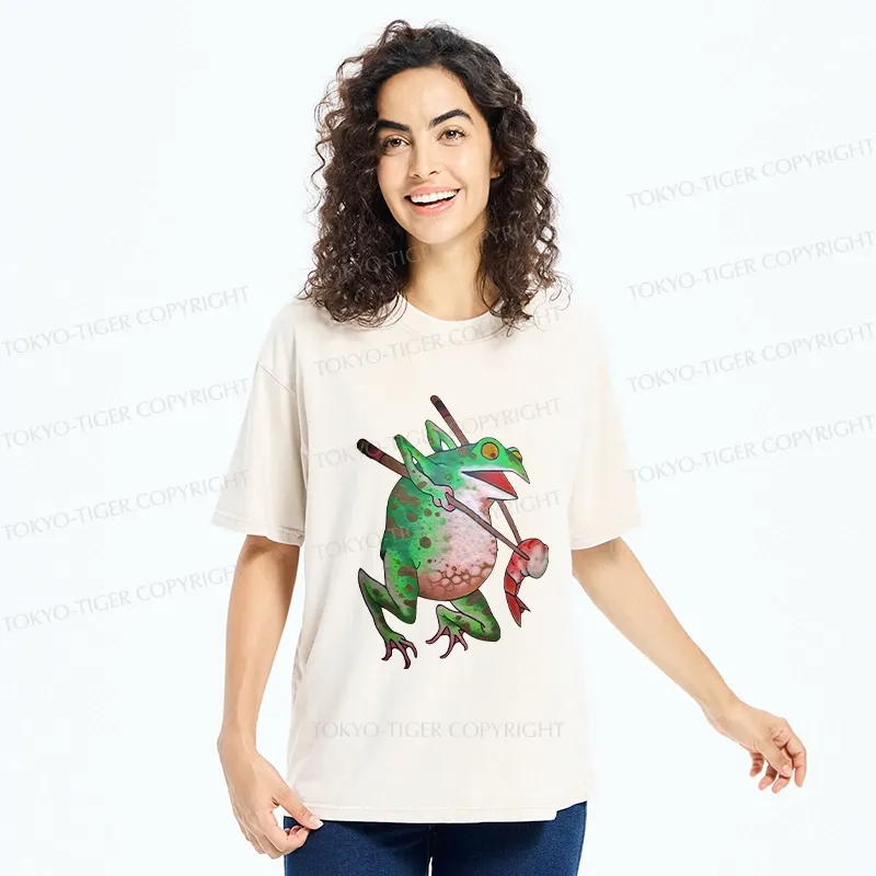 Tokyo-Tiger Funny Frog Picking Up Shrimp Washed T-Shirt