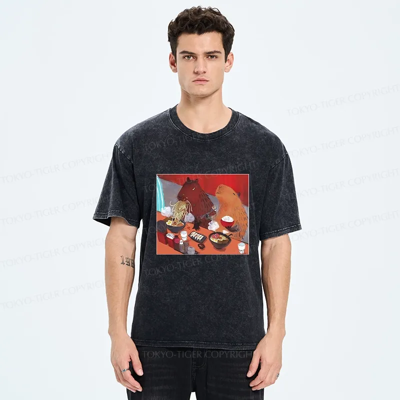 Tokyo-Tiger Ramen Lovers Capybara Funny Washed T-Shirt