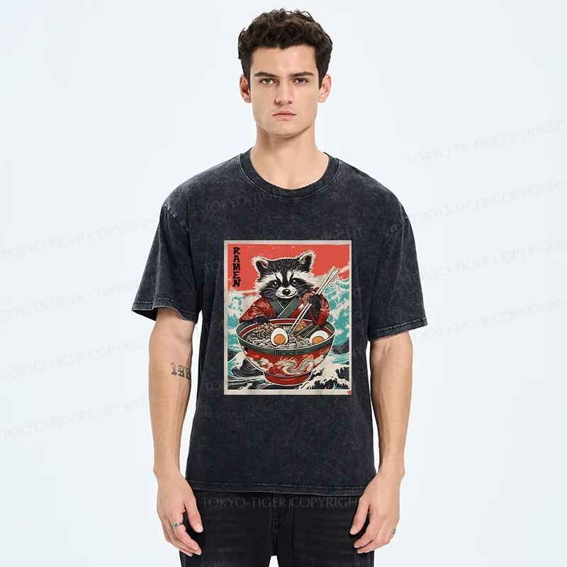 Tokyo-Tiger Ramen-loving Raccoon Washed T-Shirt