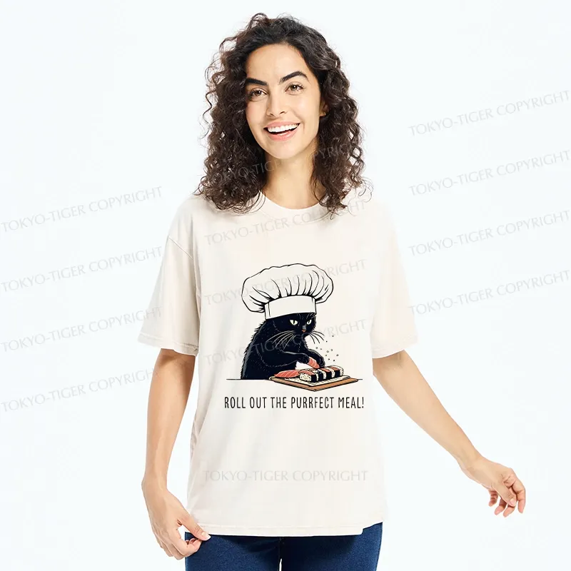 Tokyo-Tiger Roll Out The Purrfect Meal Washed T-Shirt