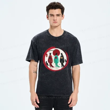 Tokyo-Tiger Black Cat Geisha Washed T-Shirt