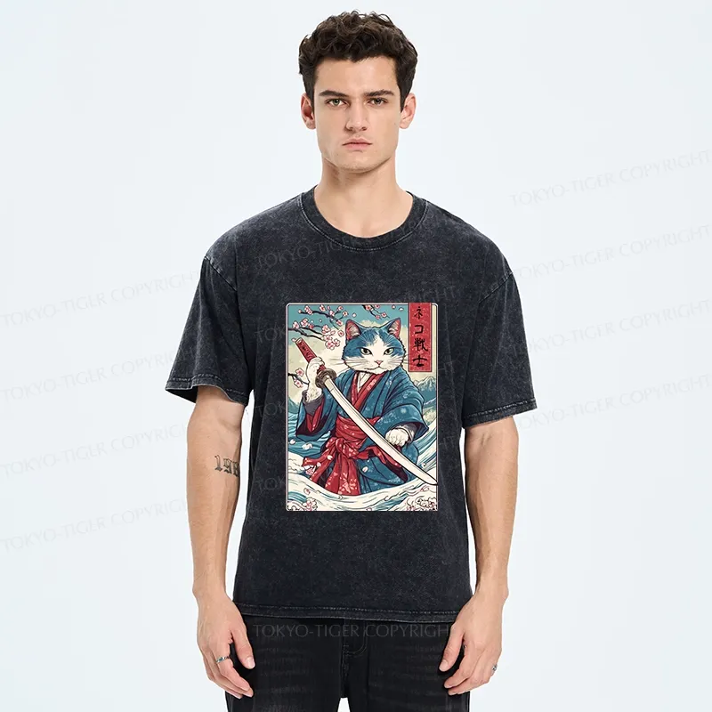 Tokyo-Tiger Japanese Cat Samurai Washed T-Shirt