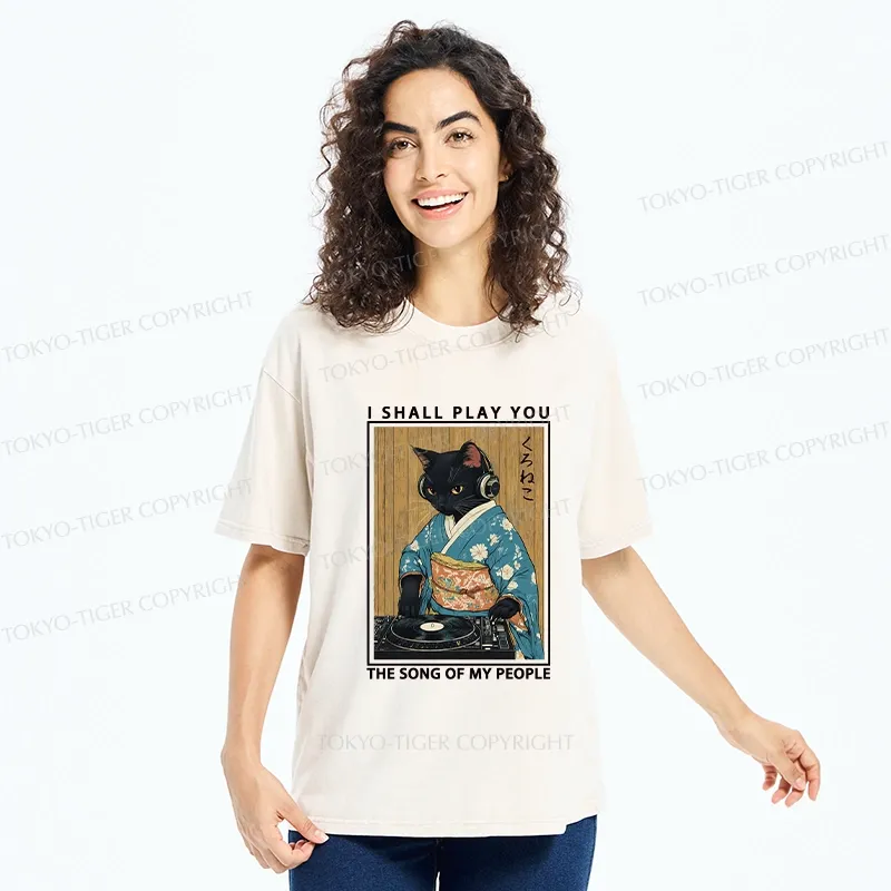 Tokyo-Tiger Funny Playing Music Black Cat Washed T-Shirt