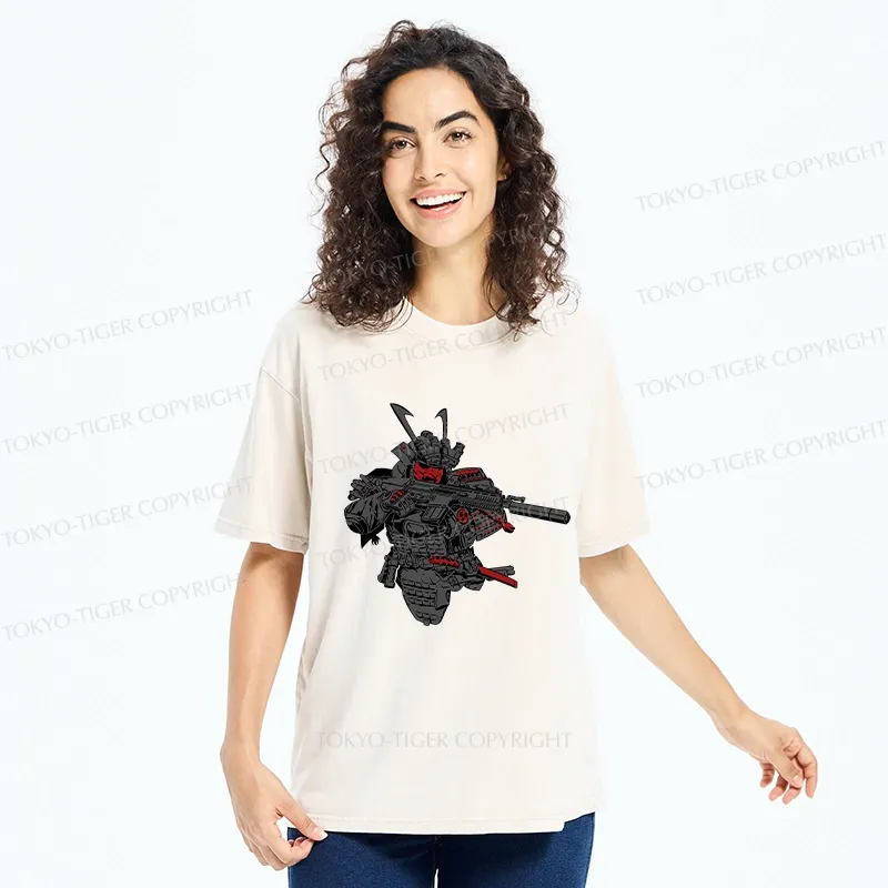 Tokyo-Tiger Samurai Holding A Gun Washed T-Shirt