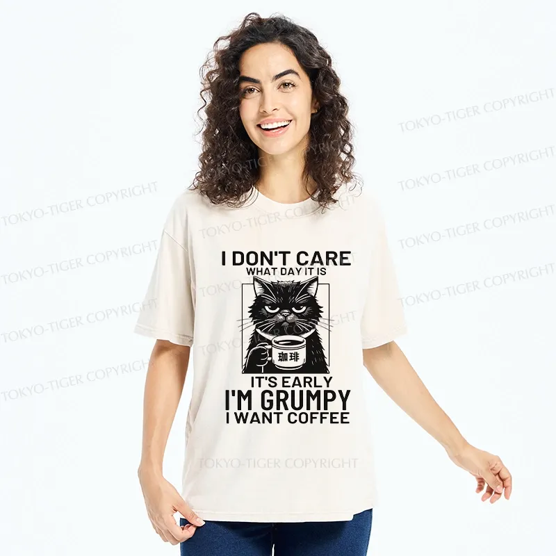 Tokyo-Tiger Funny Grumpy Cat Washed T-Shirt