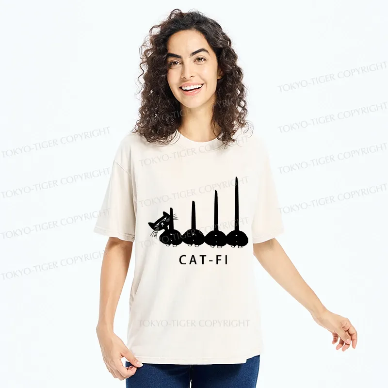 Tokyo-Tiger Funny CAT-FI Washed T-Shirt