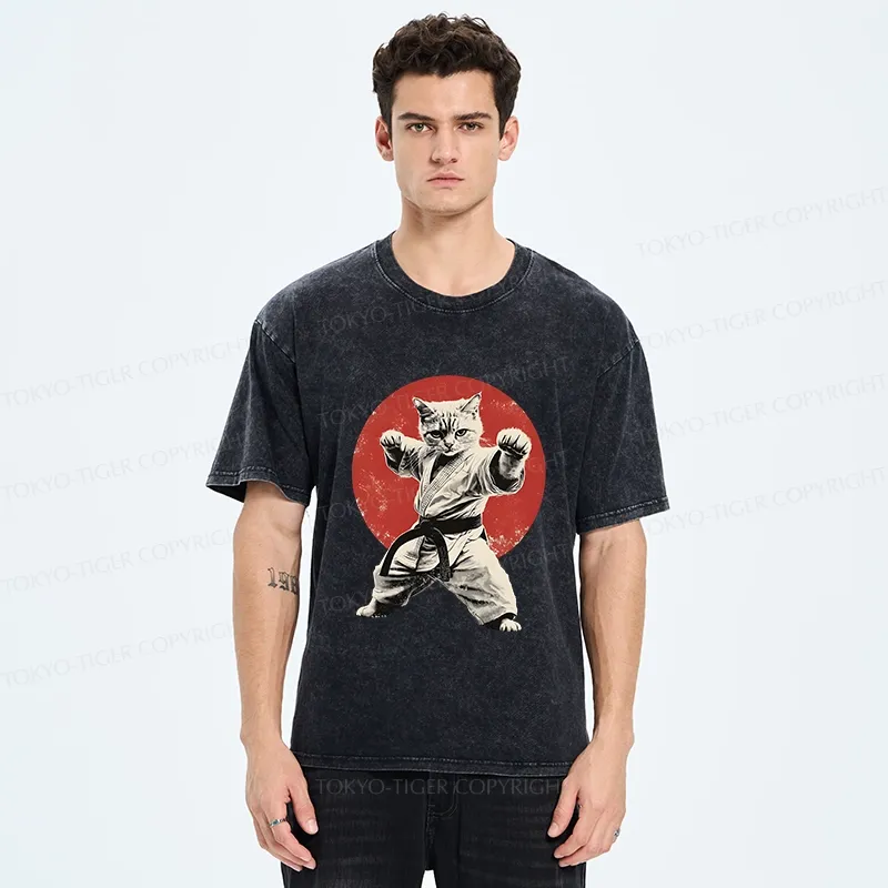 Tokyo-Tiger Japanese Karate Cat Washed T-Shirt