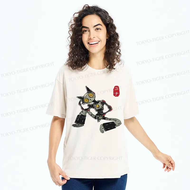 Tokyo-Tiger Contemplative Robot Cat Washed T-Shirt