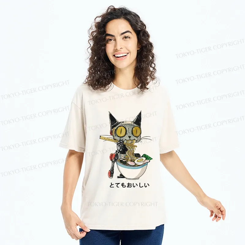 Tokyo-Tiger Ramen Lover Robot Cat Washed T-Shirt