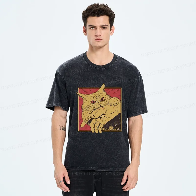 Tokyo-Tiger Retro Cat Biting Hand Washed T-Shirt